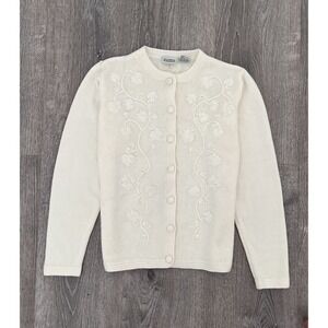 VTG Y2K Classic Elements Cardigan Sweater Cream Old money Ivory Embroidered
